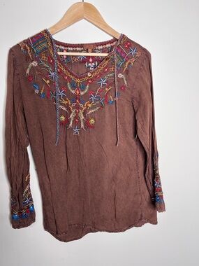 Embroidered Boho Women's Brown Tunic Top